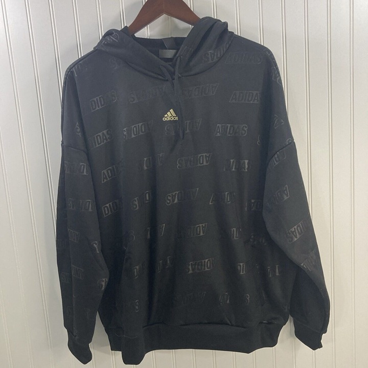 Adidas Women XL Black Gold Metallic Sweatshirt Hoodie Loose Fit Front Pocket New