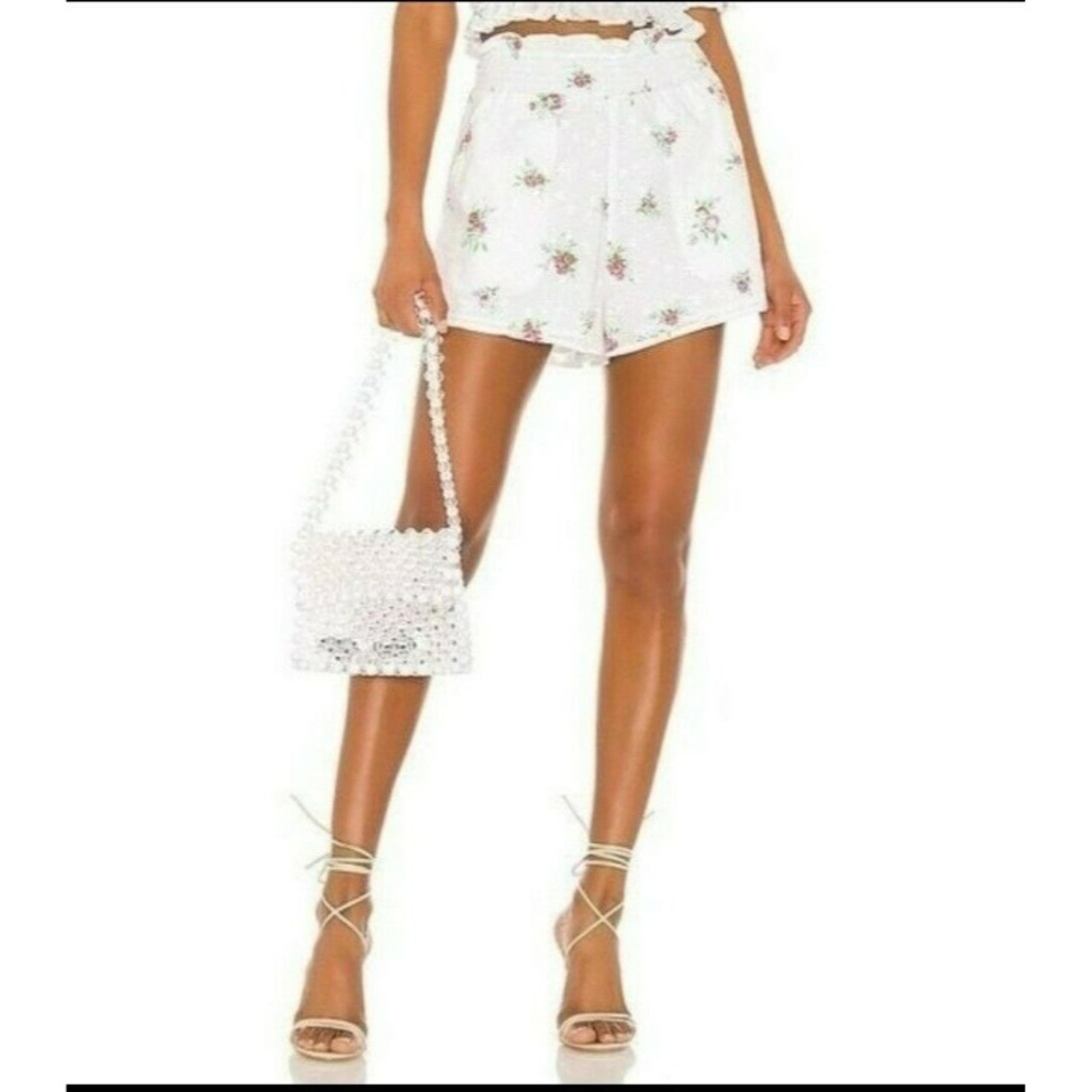 For Love & lemons Embroidered Shorts Ruched Ruffle Waist white Floral High waist