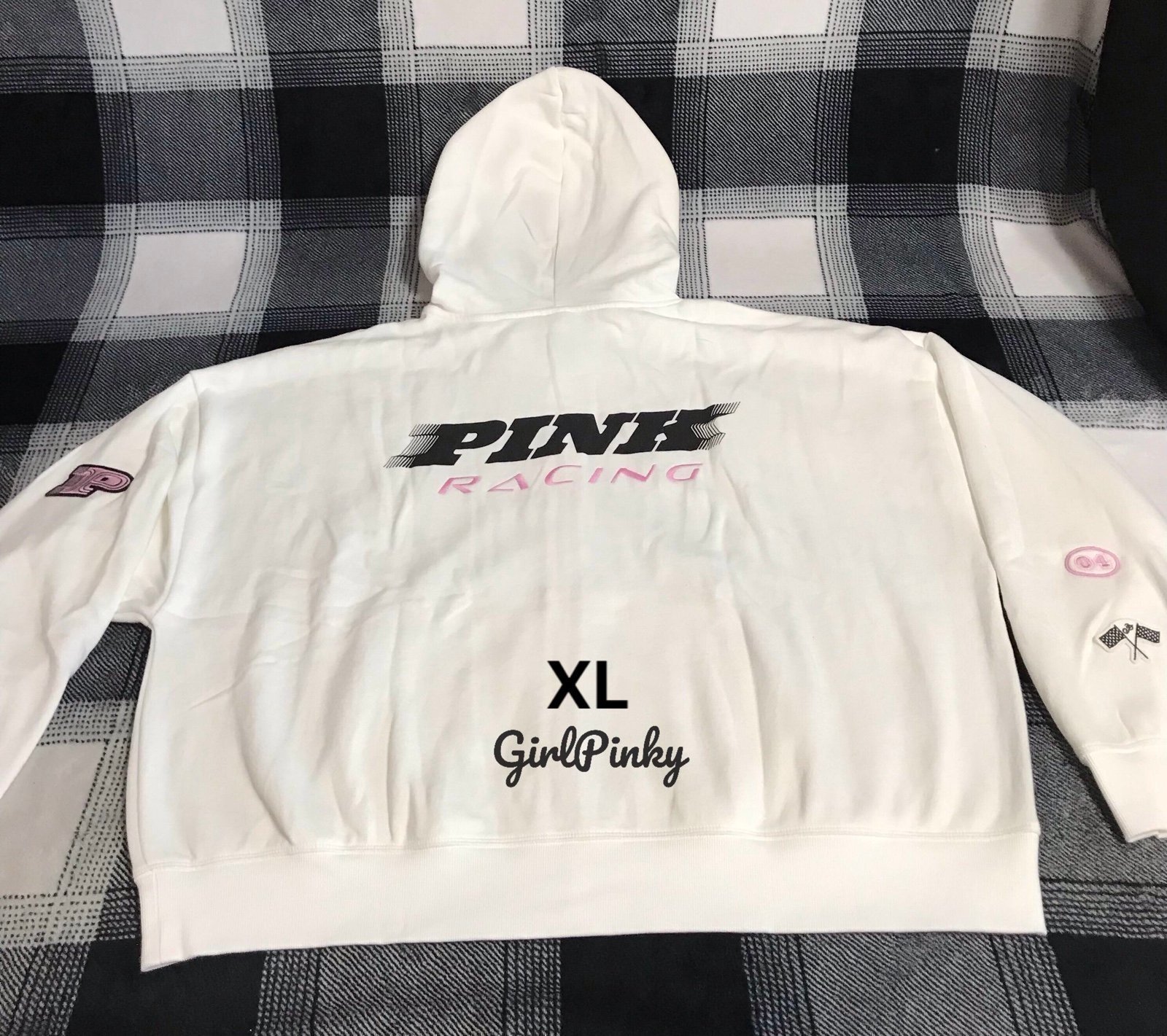 vs PINK racing collection WHITE FULL ZIP LOGO HOODIE SIZE EXTRA LARGE