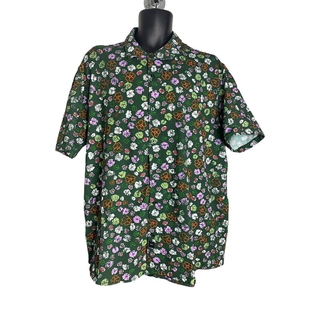JEFF Mens Half Moon Printed Button Up Floral Short Sleeve Shirt Green Size XXL