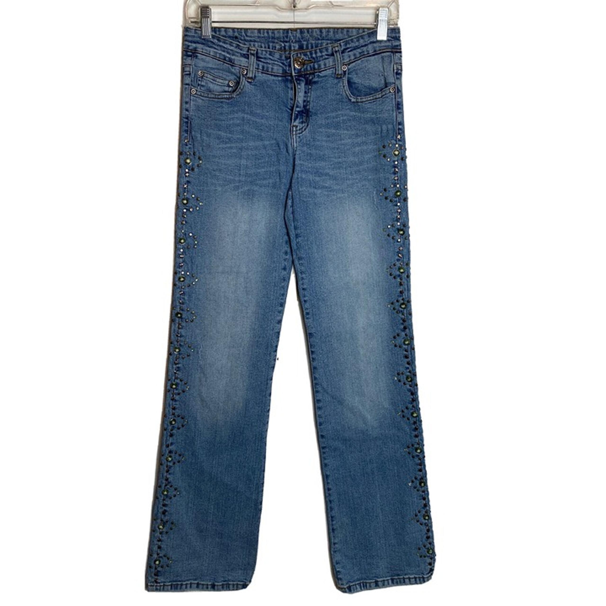 Rue 21 Women Juniors Jeans 3/4 30x32 Bootcut Blue Denim Studded Embellished