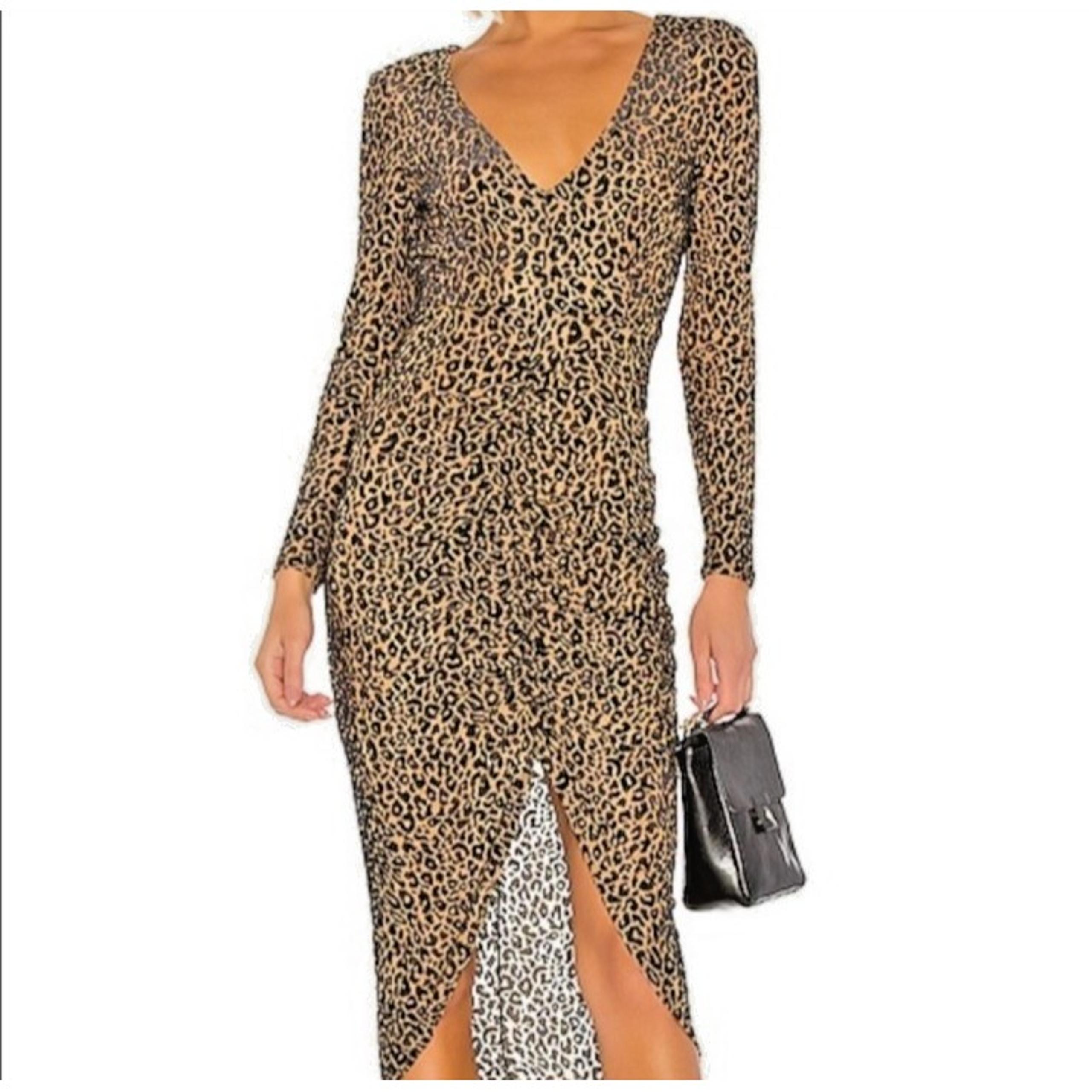 BB Dakota Women's S Fitted Midi Leopard Dress with Ruching V-Neck Party Bodycon