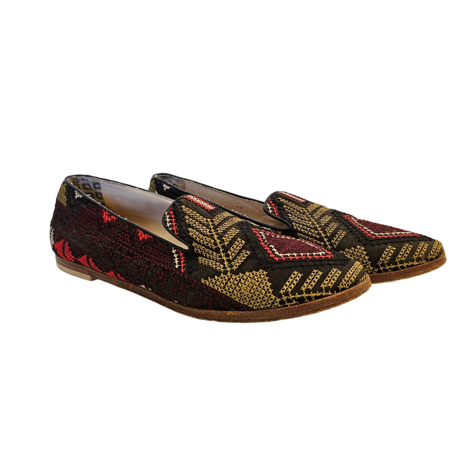 Matt Bernson Gitanes Loafer Black Olive Women Size 6 Embroidered Woven Shoes EUC