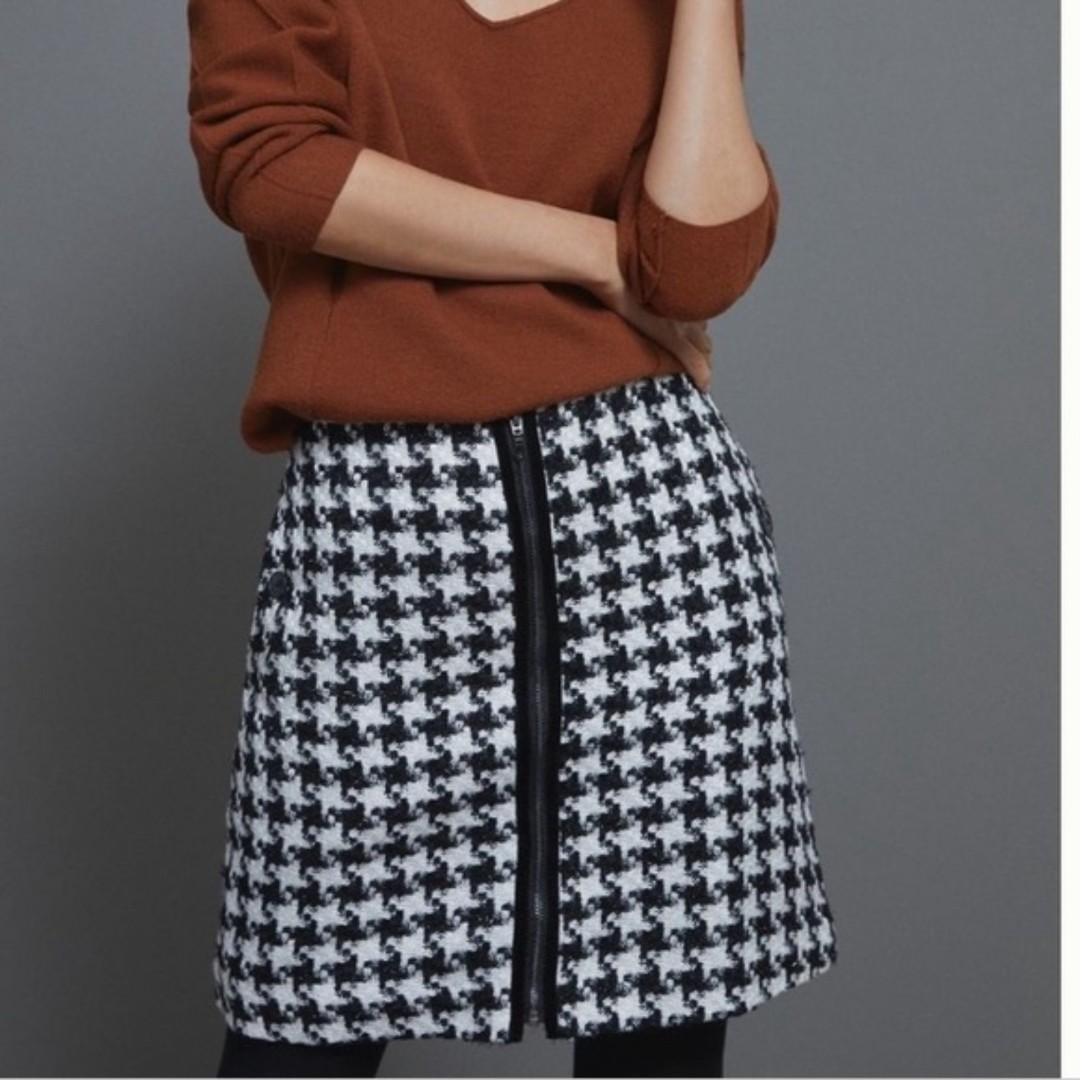 NWT Anthropologie Evira Houndstooth Zipper Mini Skirt, Black/White, Size 12