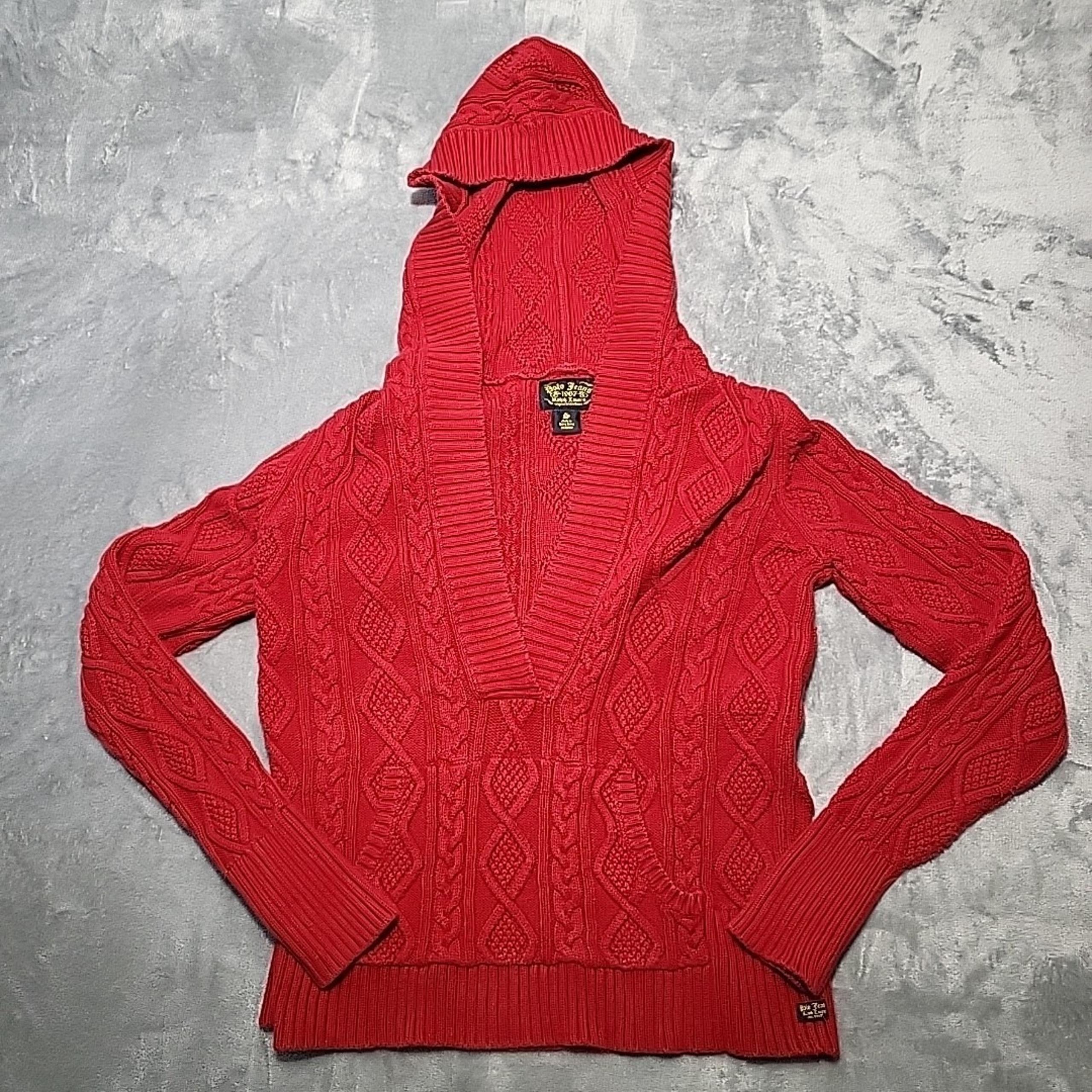 Polo Jeans Co. Ralph Lauren Sweater Women's Red S Hooded Cable Knit Long Sleeve