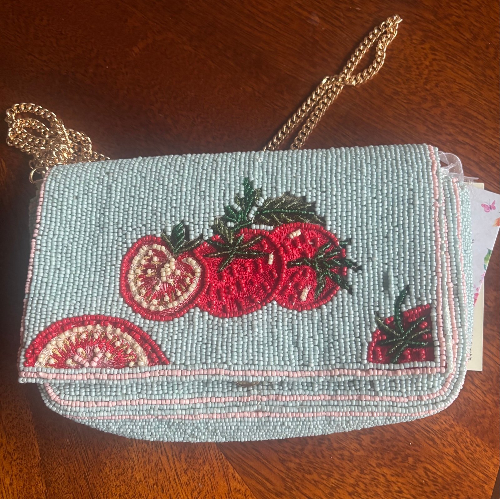 Embroidered Beaded Clutch with Chain Strap