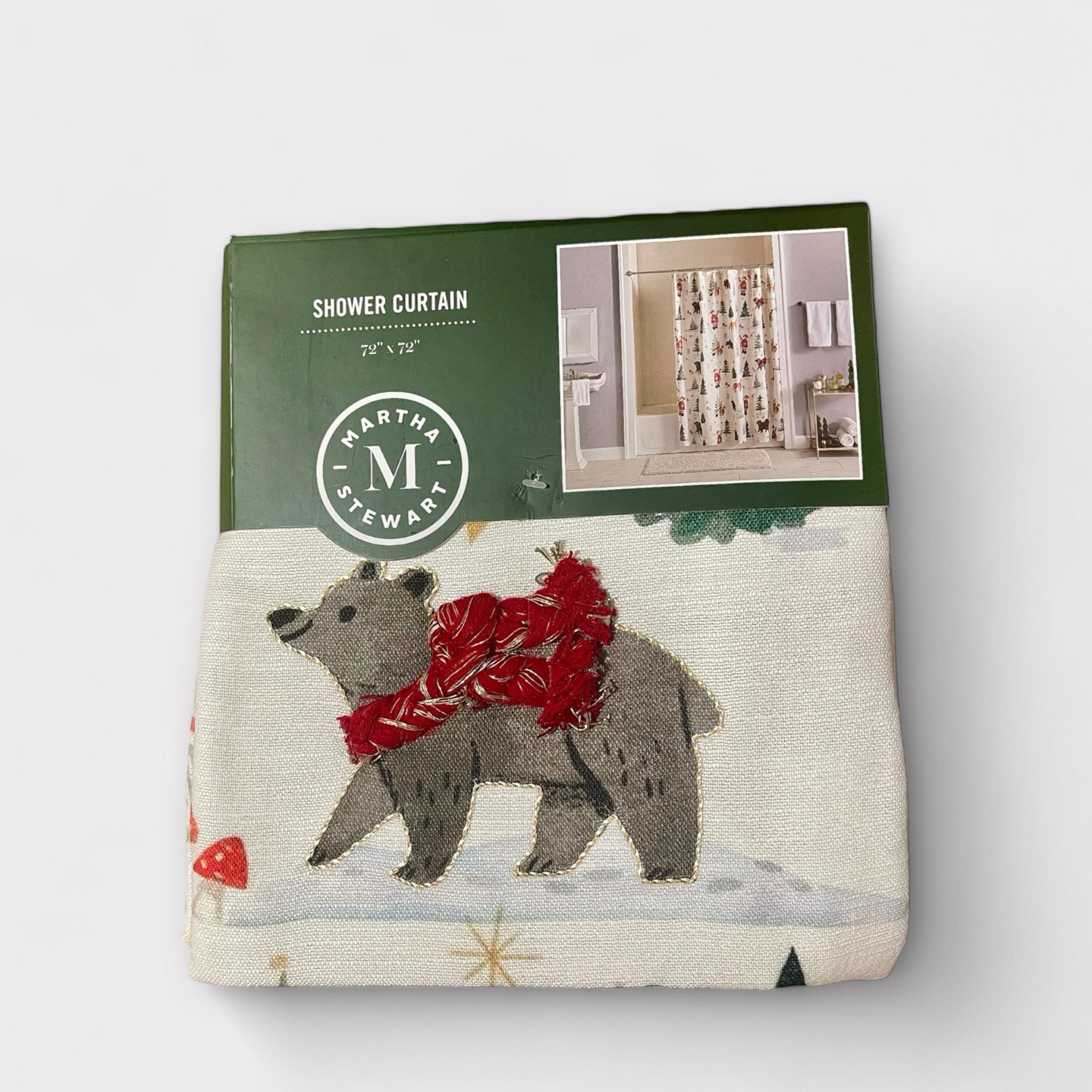 Martha Stewart Embroidered Christmas Bear & Santa Shower Curtain 72x72”