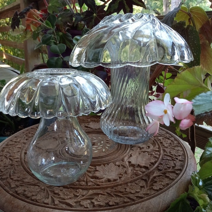 Set of 2 Large and Medium Crystal Glass Mushrooms Garden Decor