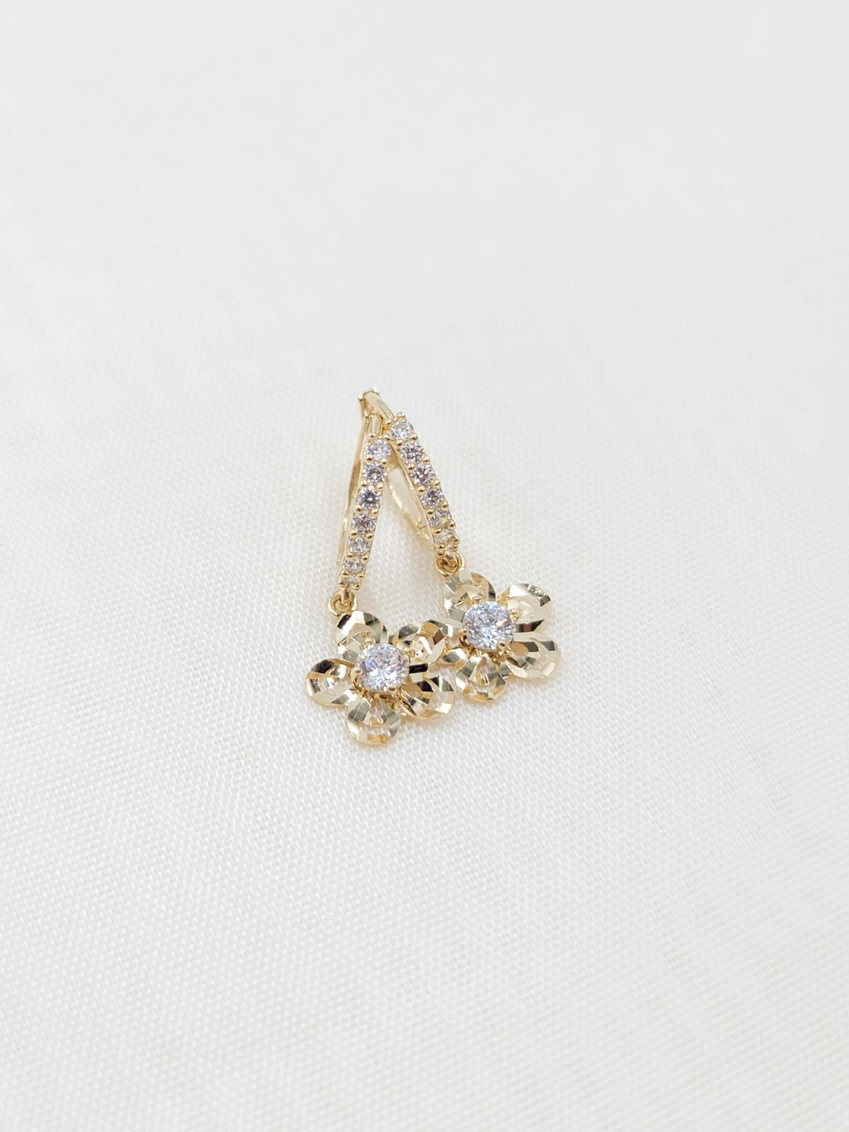 Fancy solid 14k gold hanging flower huggie earrings