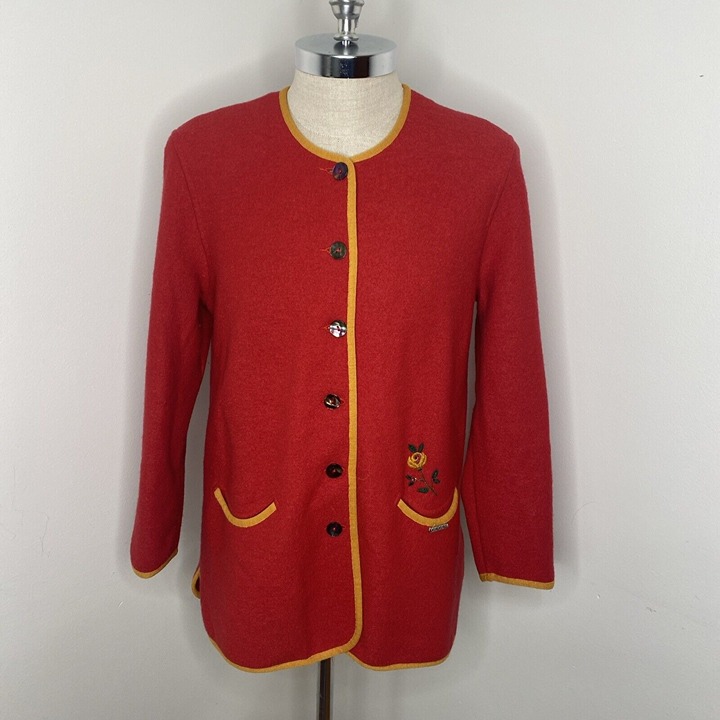 Geiger Boiled Wool Coat Jacket Womens Sz 40 XL Austria Red Embroidered Flowers