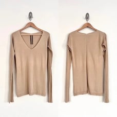 RICK OWENS Ribbed Sleeve V Neck Knit Long Sleeve in Camel