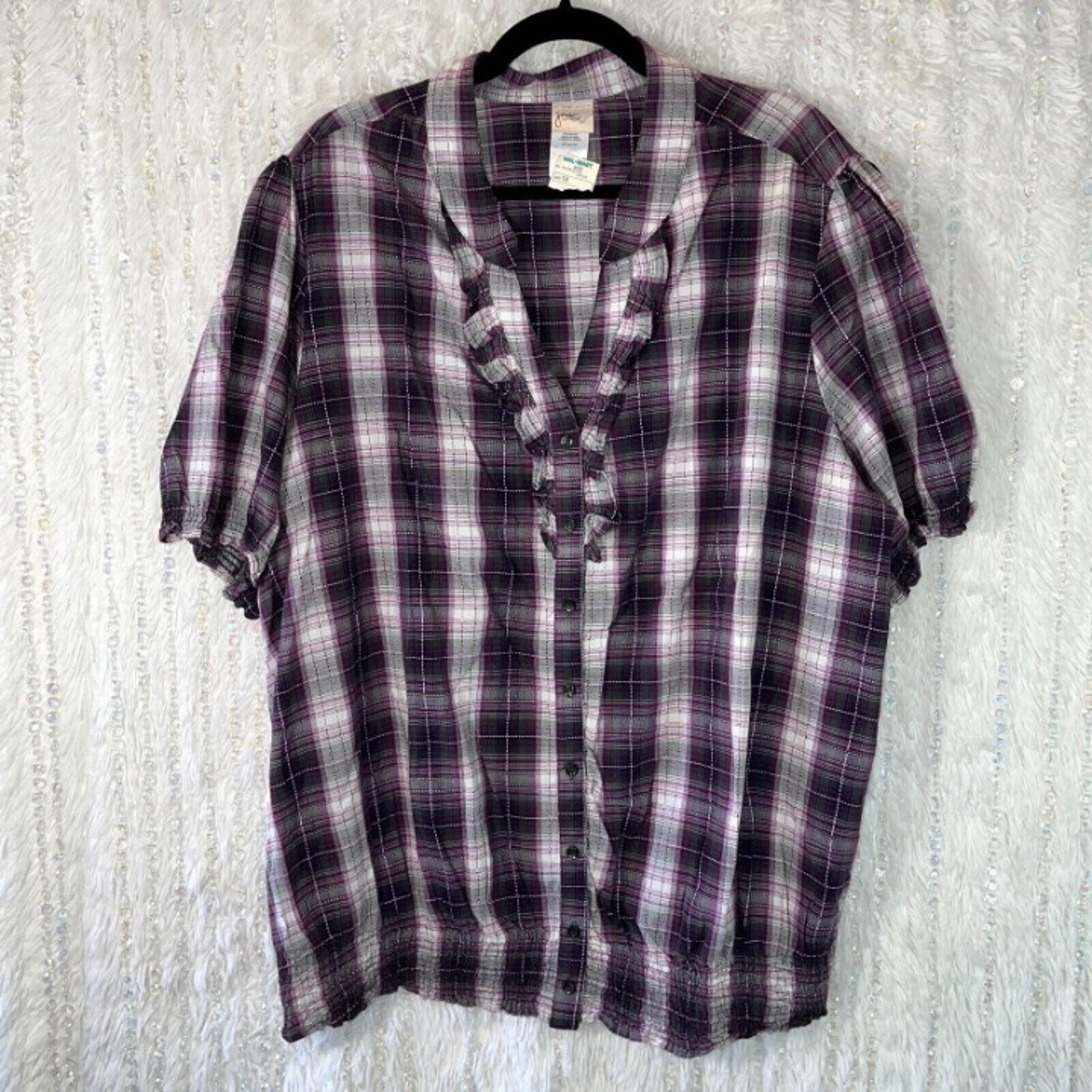 NEW JMS Ruffle Front Blouse Size 1X Purple Plaid Elastic Waist Puff Sleeve Top