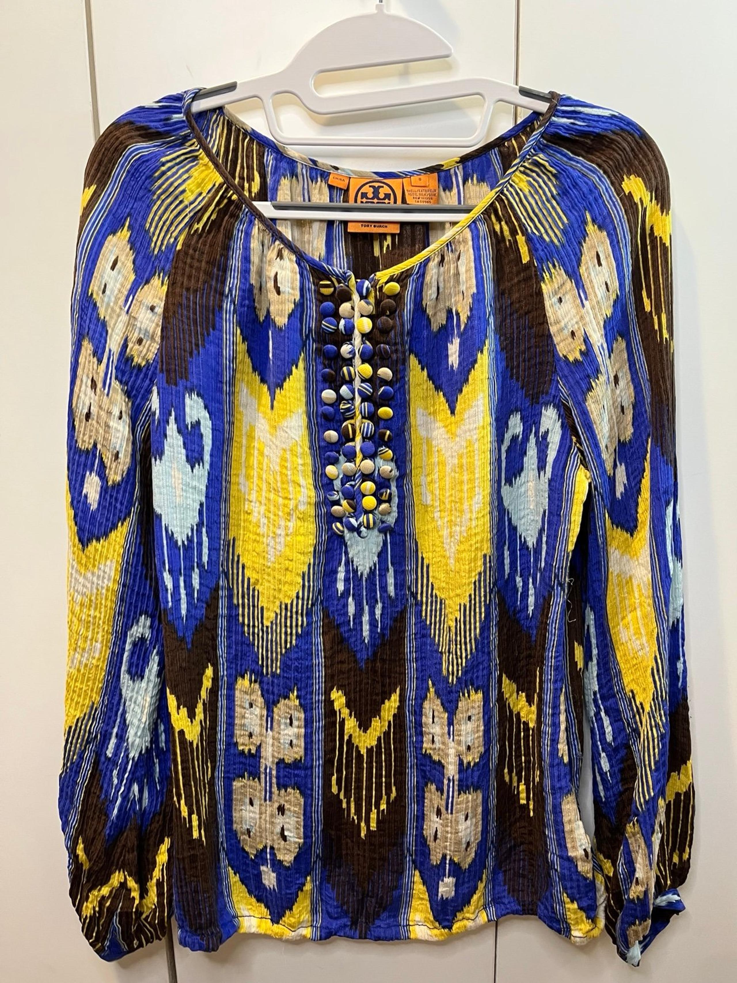 Tory Burch, blue yellow, and brown women’s blouse size 8
