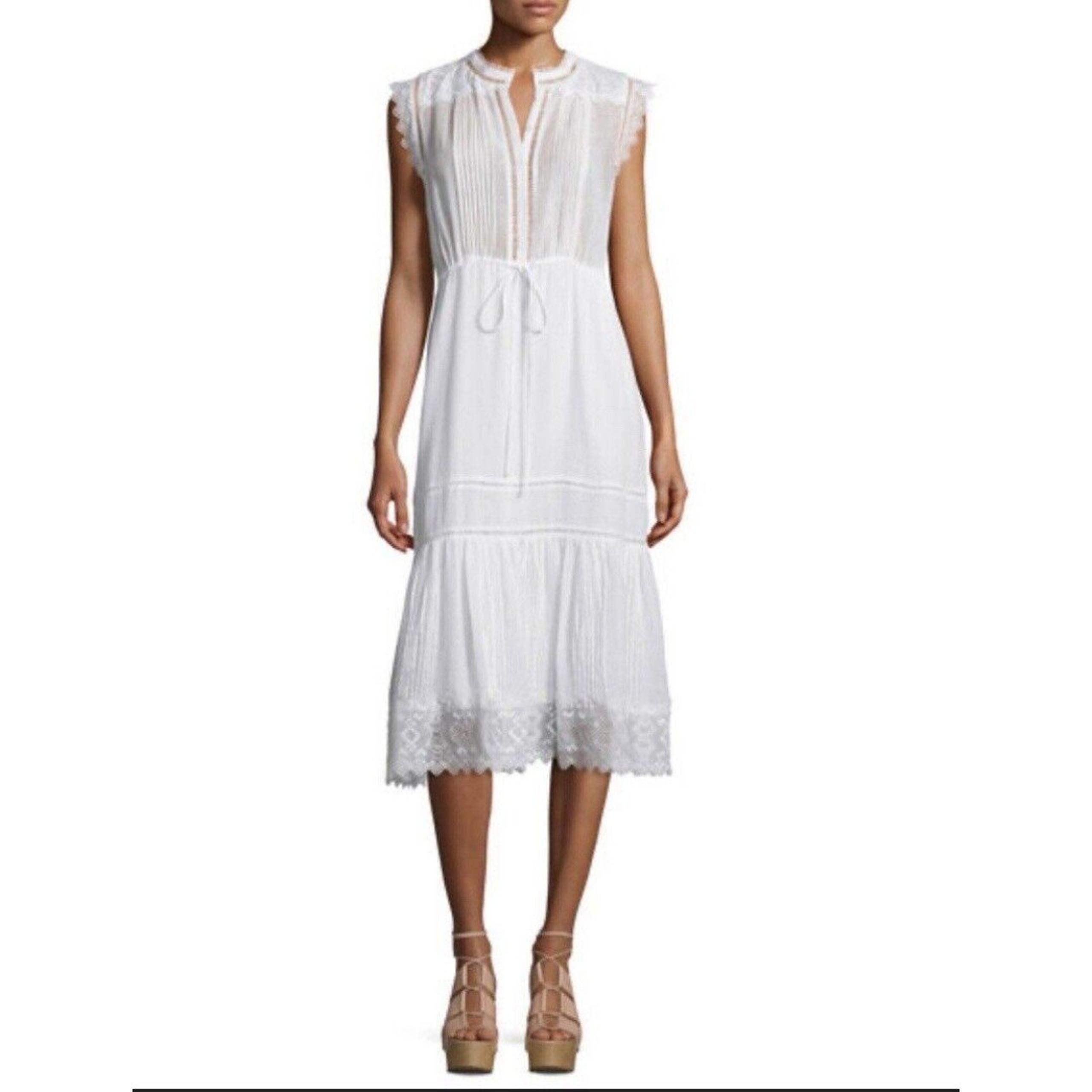 Rebecca Taylor Midi White Sleeveless Pintucked Lace Trim Dress Sz 2