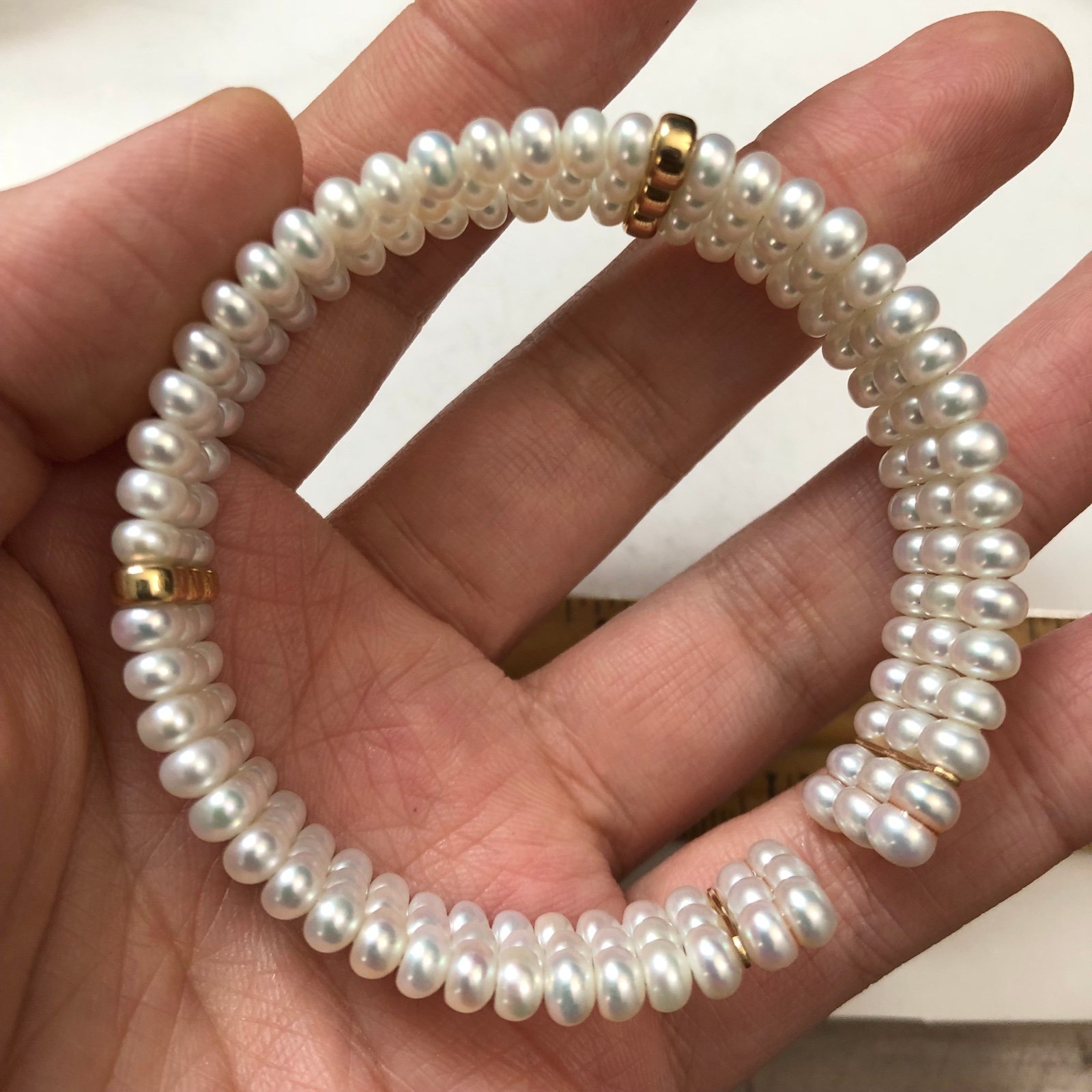 14k gold 3 rows white freshwater pearls cuff bangle bracelet