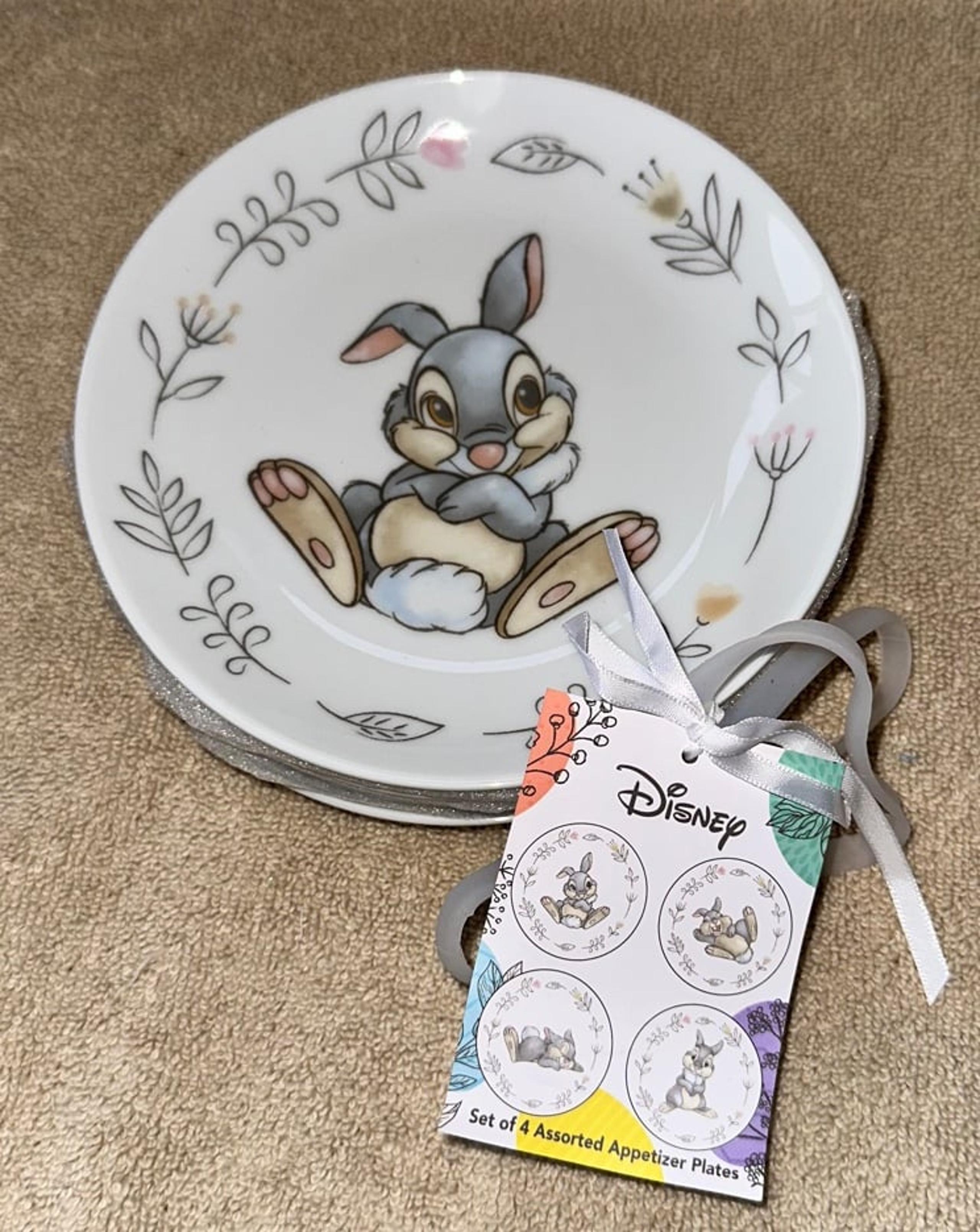 DISNEY Bambi Thumper 6" Porcelain Appetizer Snack Plates Set of 4 Easter NEW