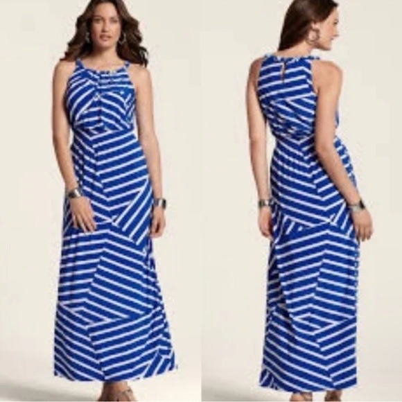 Chico's Maxi Dress Blue White Striped Brooke Sleeveless chicos size 2 / Large