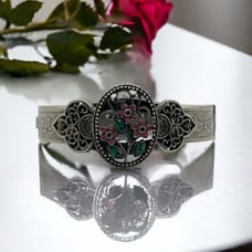 Victorian Rev Czech Glass Rhinestone Flower Filigree Hinged Cuff Bracelet Rare