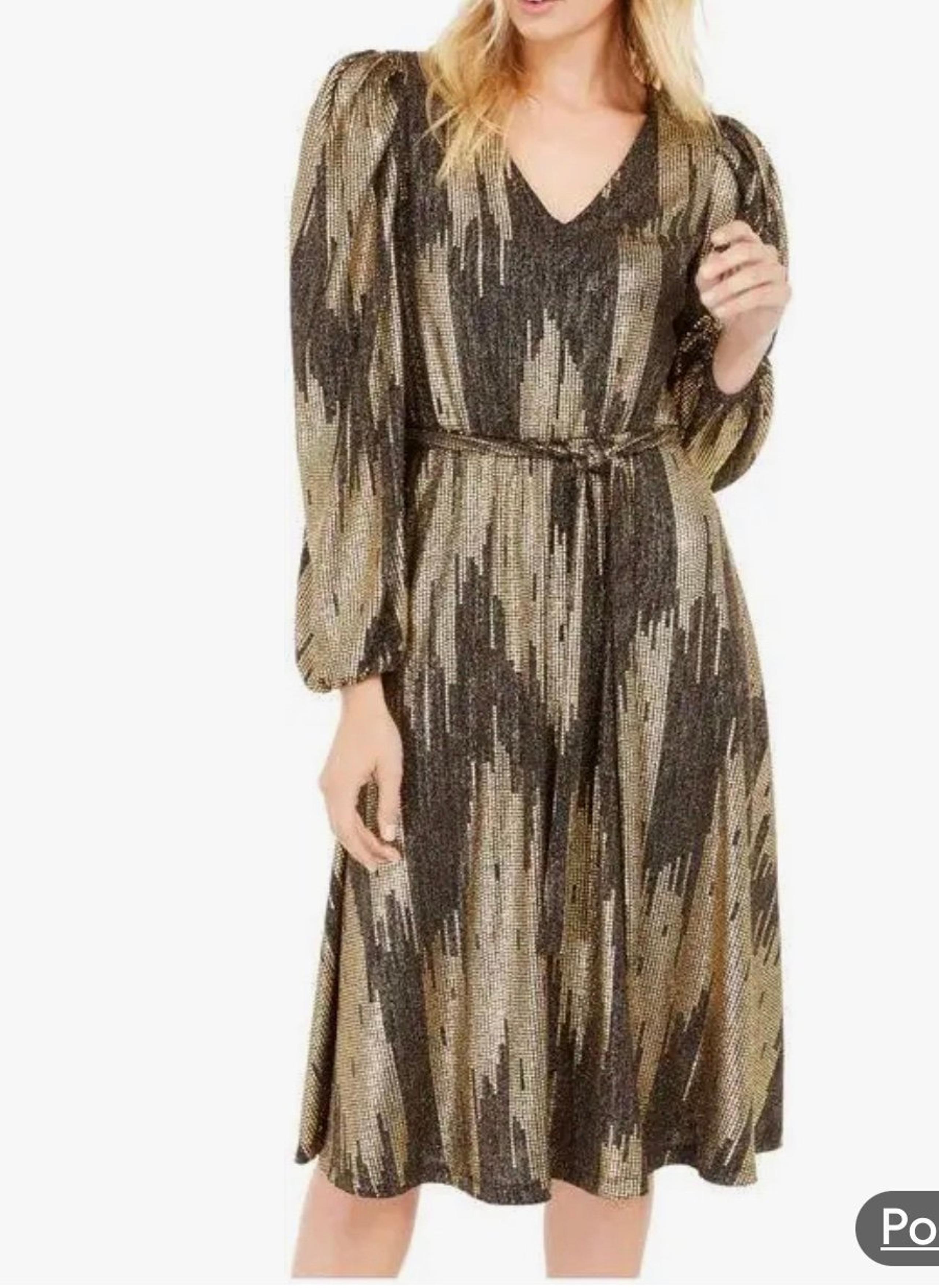 Calvin Klein Gold Belted Glitter Knit Puff Long Sleeve Dress