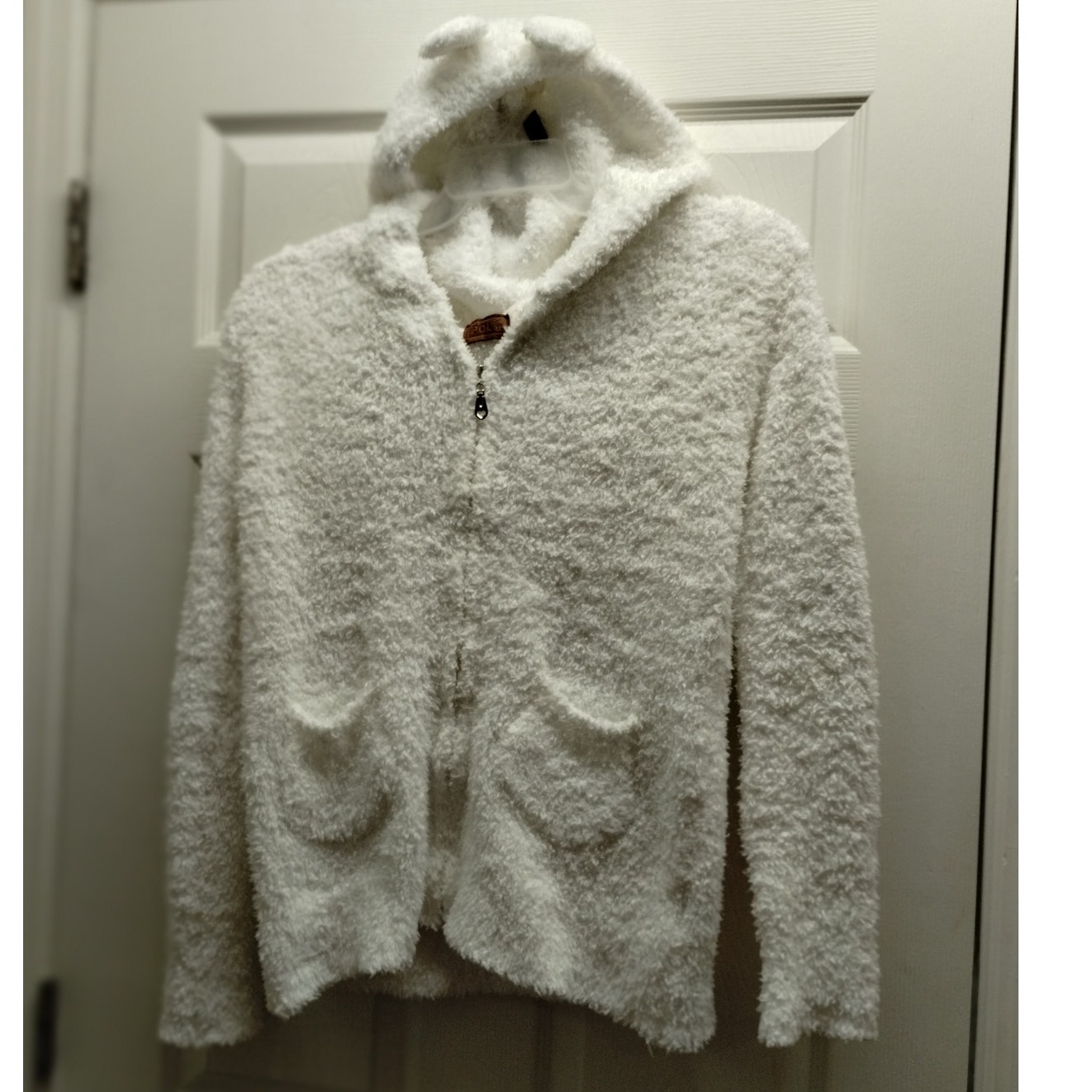 POL Anthropologie Size Medium White Fuzzy Fleece Zip-Up Teddy Bear Hoodie