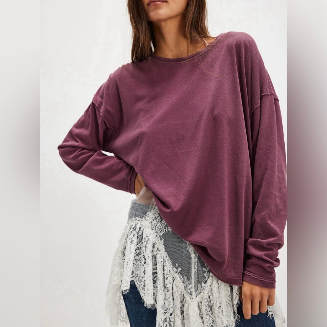 NWOT Free People We The Free Nina Long-Sleeve Tee Maroon Top Sz Medium