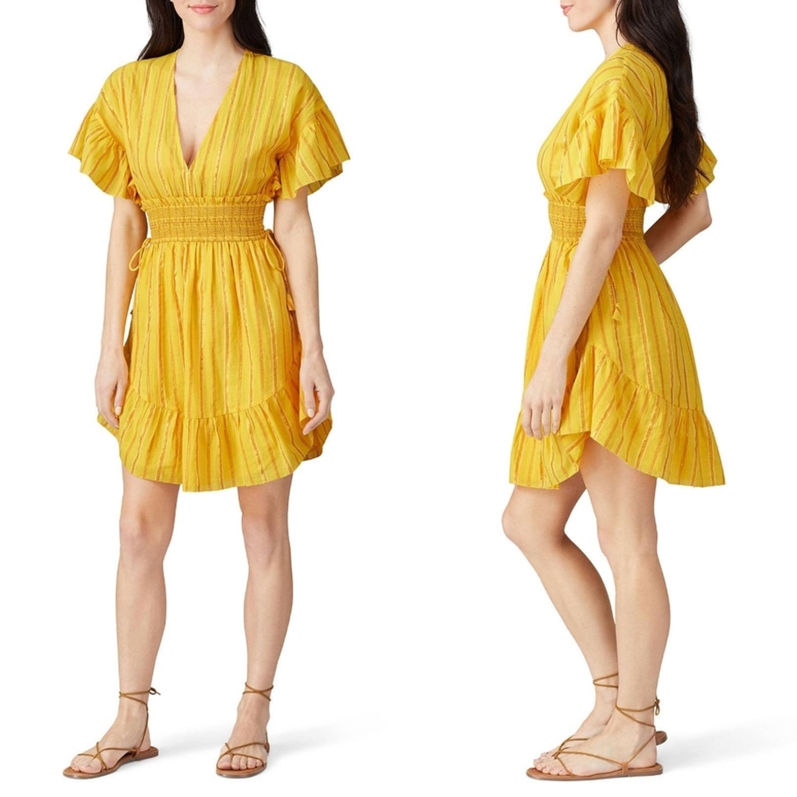 Saylor Adrianne Mini Boho Dress Yellow Metallic Stripes Ruffles Size Small