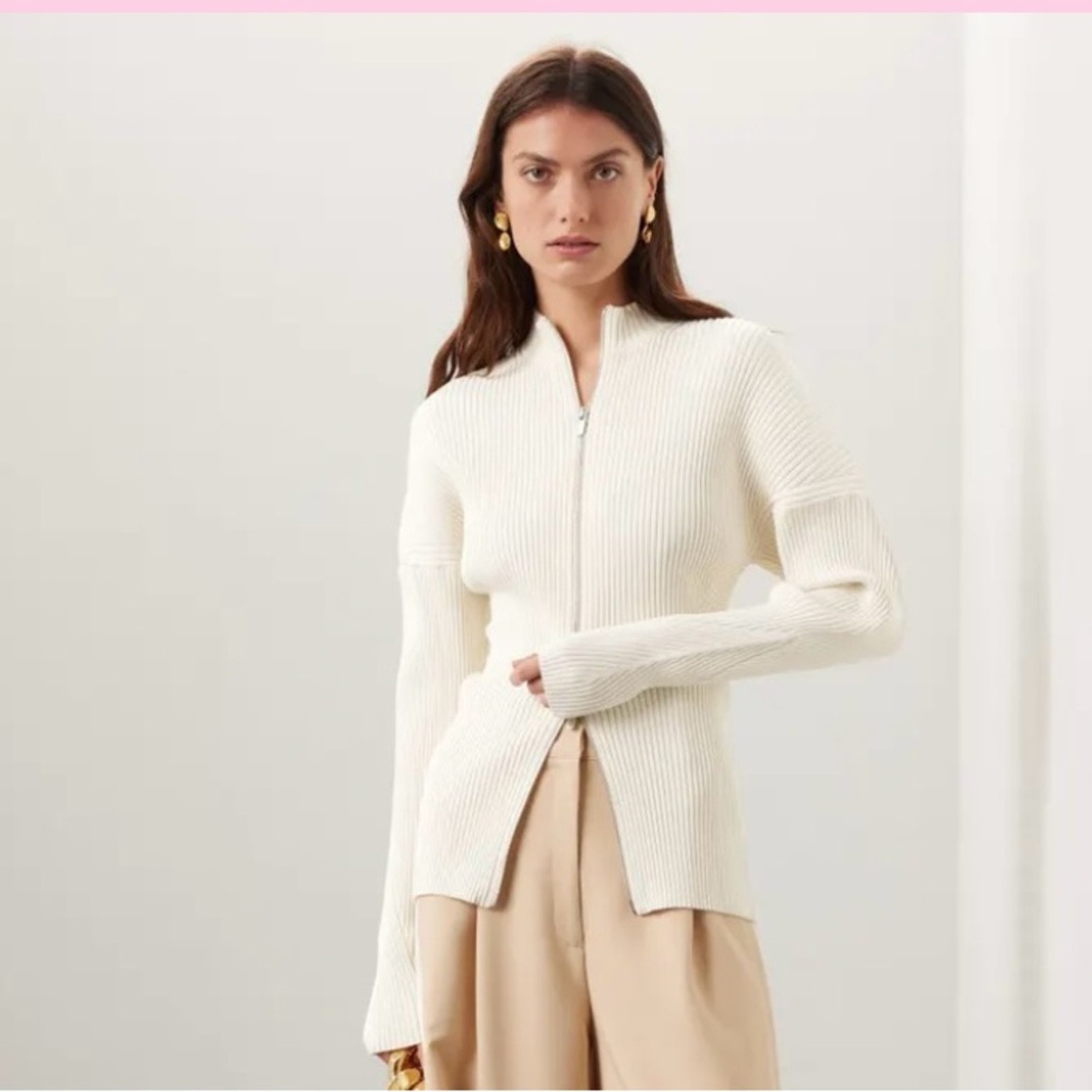 495 A.L.C. Noa Cardigan Sweater Zip Front in Off White Ribbed Knit Size Medium