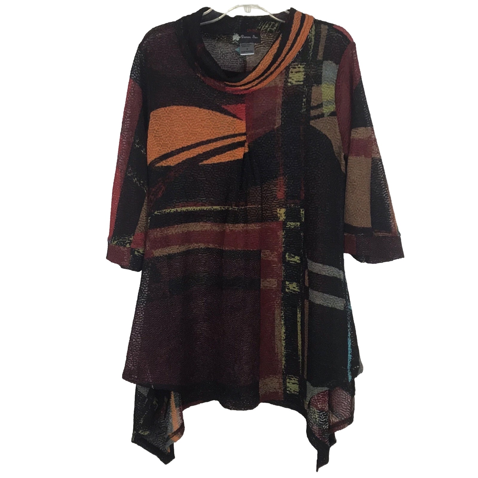 Damee Inc. Cowl Neck Tunic Half Sleeve Swing Sheer Mesh Knit Red Tan Black Small