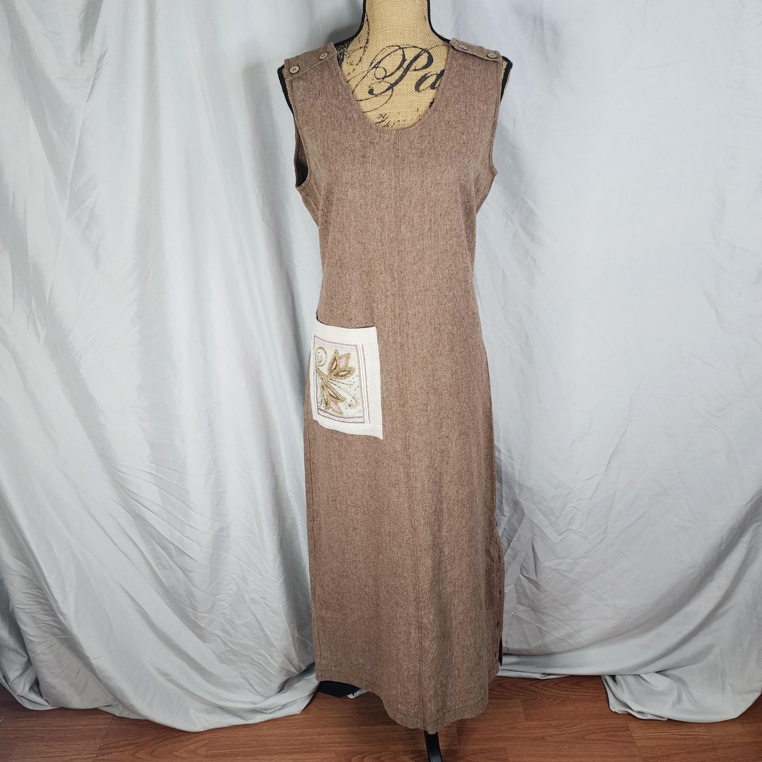 Vintage STUDIO BLUE Size Medium Beaded Embroidered Linen Cotton Sleeveless Maxi