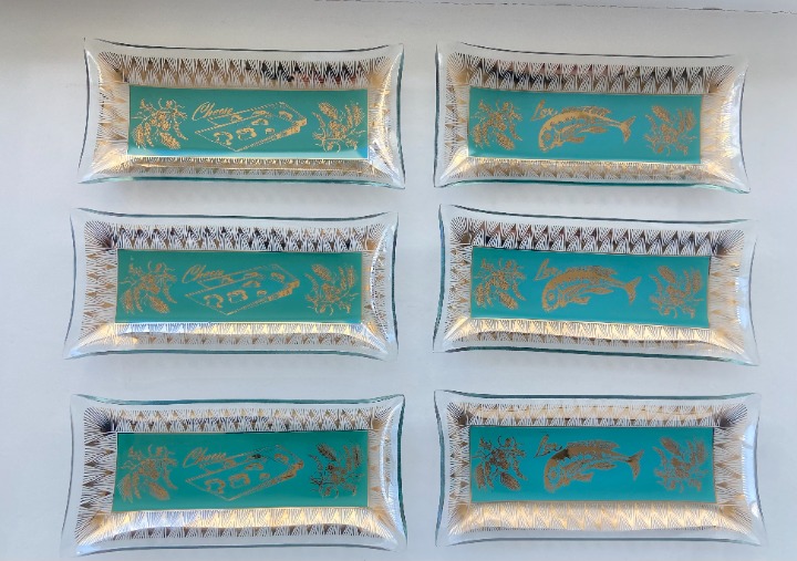 Set of 6 Vintage 1950's MCM Glass Aqua and Gold Rectangular Lox & Cheese Plates