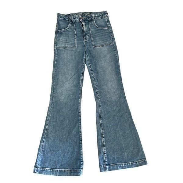 American Eagle Distressed Flared Boho Blue Mid-Rise Womens Jeans SZ 8