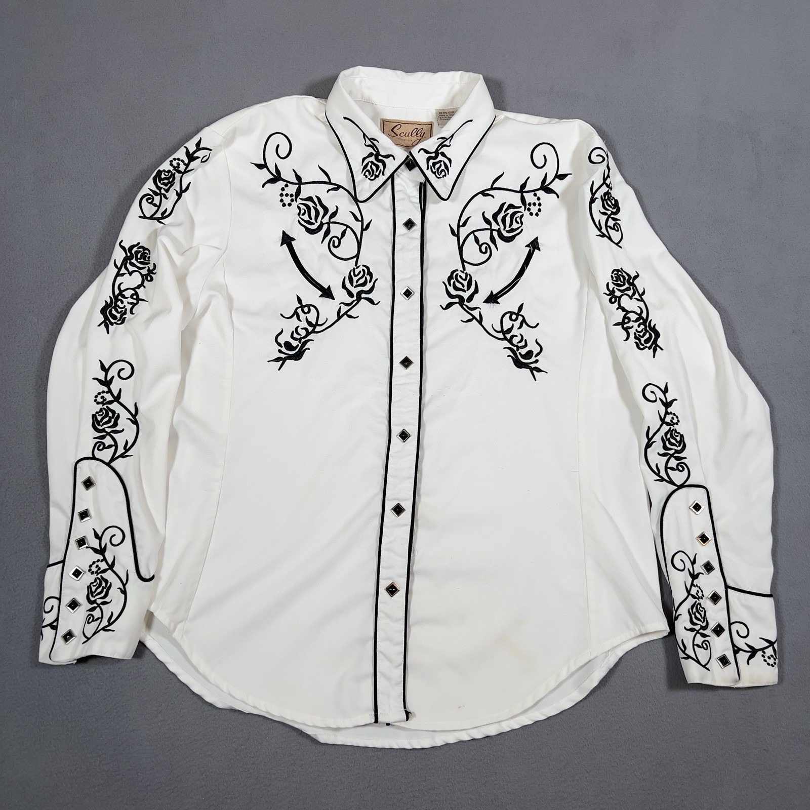 Scully Western Pearl Snap Shirt Womens L White Floral Rose Vine Embroidered