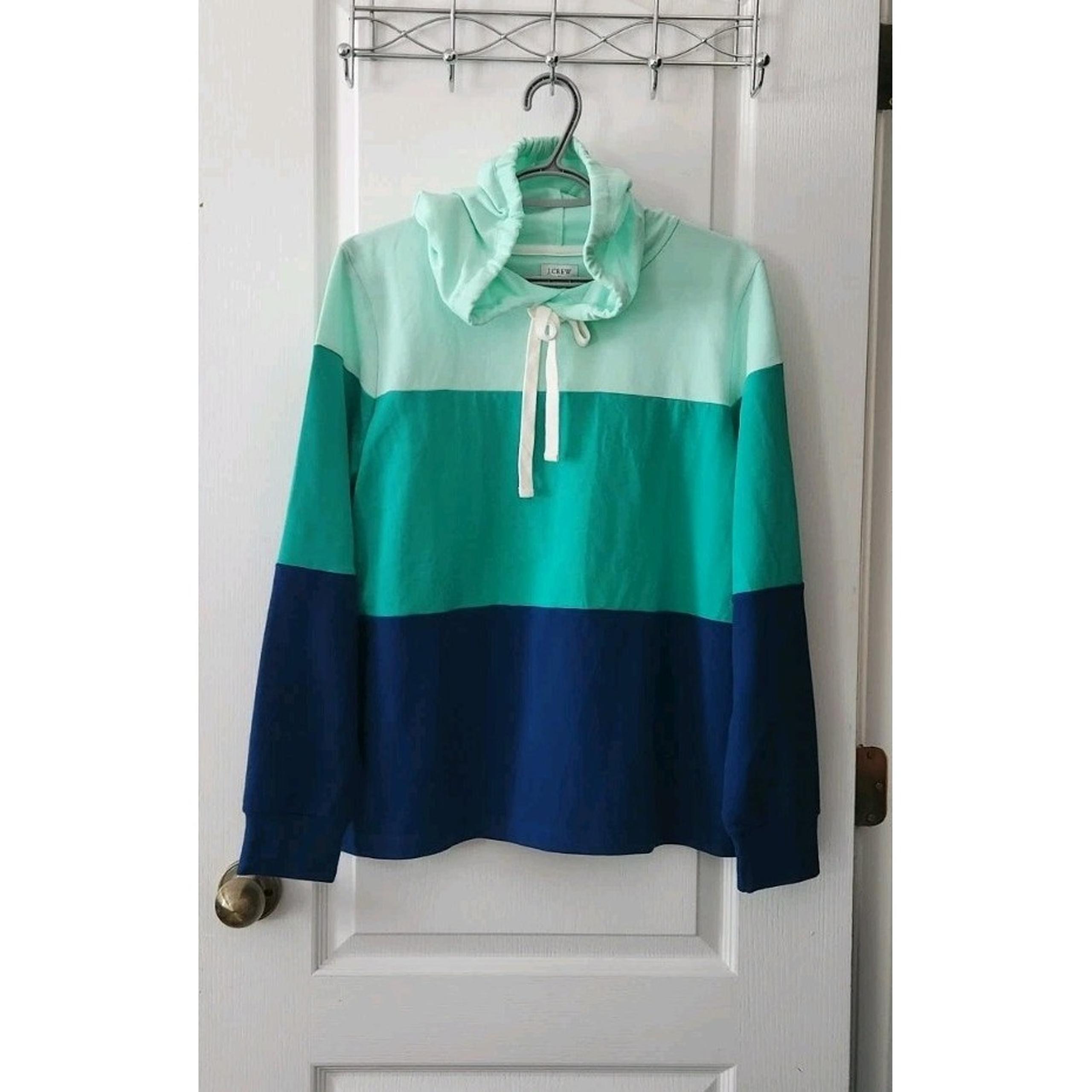 J.Crew Women's Blue Green Tri Color Striped Hoodie Hooded Sweatshirt Size M