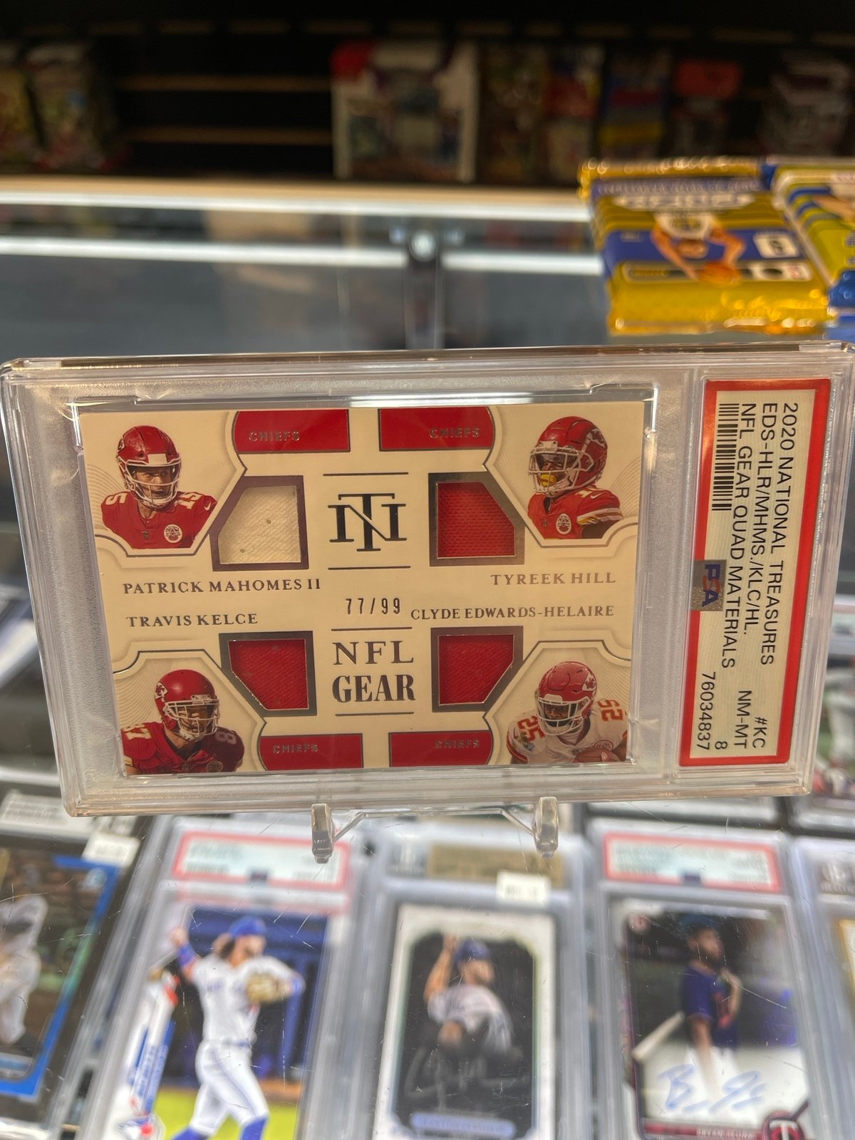 2020 National Treasures Mahomes Kelce Hill Helaire Quad Patch Psa 8 Pop 5