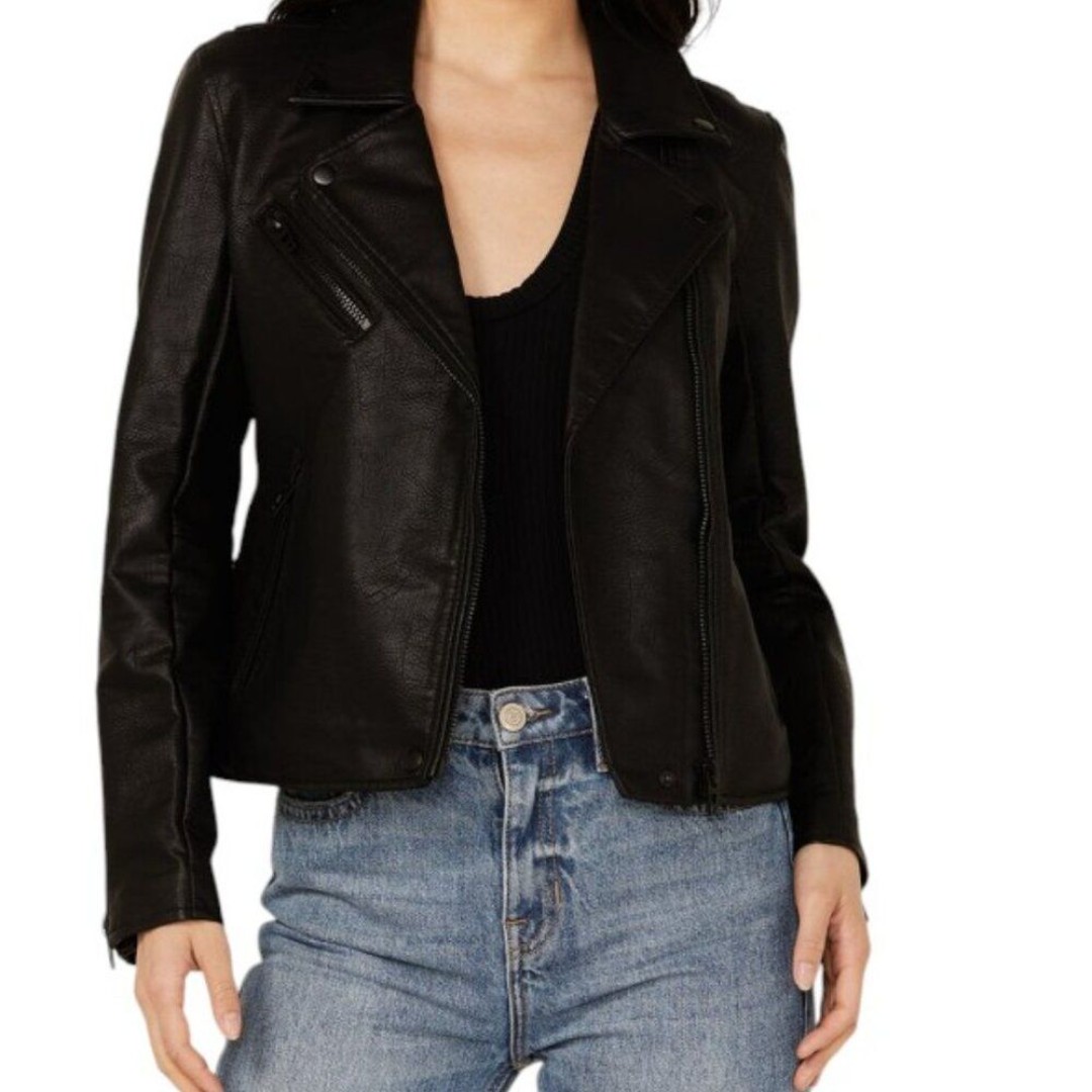 Blanknyc Women's Size L Black Onyx Vegan Leather Cropped Moto Jacket - detail