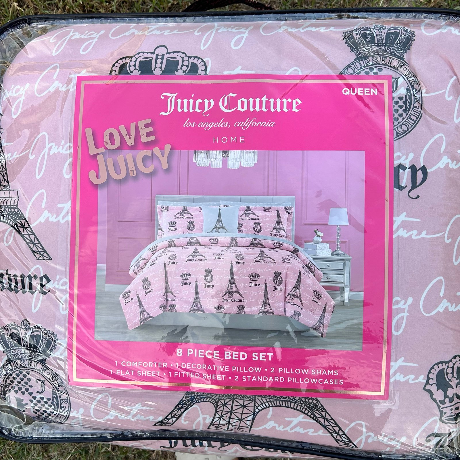 Juicy couture pink Eiffel Tower size queen bed set