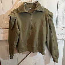 FRAME Sweatshirt Womens Sage Green Sporty 1/2 Zip Military Puff Shoulder