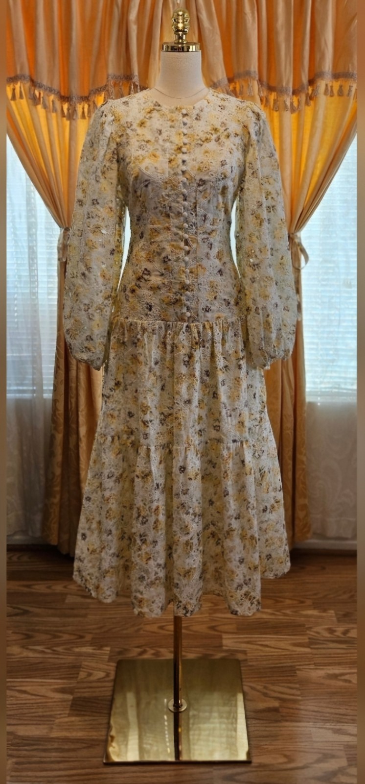 JUST ME Elegant Eyelet 100% Cotton Embroidered Floral Long Sleeve Midi Dress