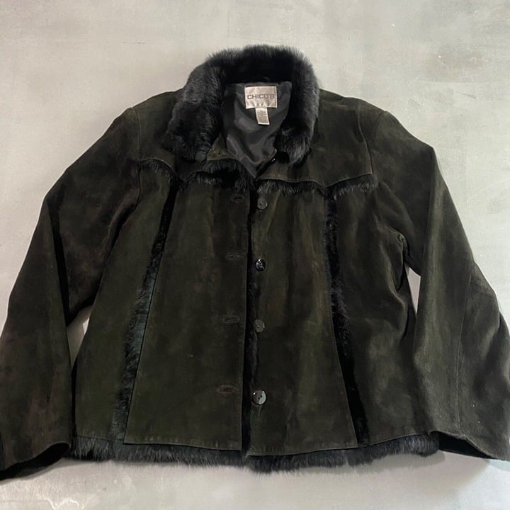 Chicos Jacket Womens 3 (XL) Black Suede Leather Rabbit fur button up y2k 2003