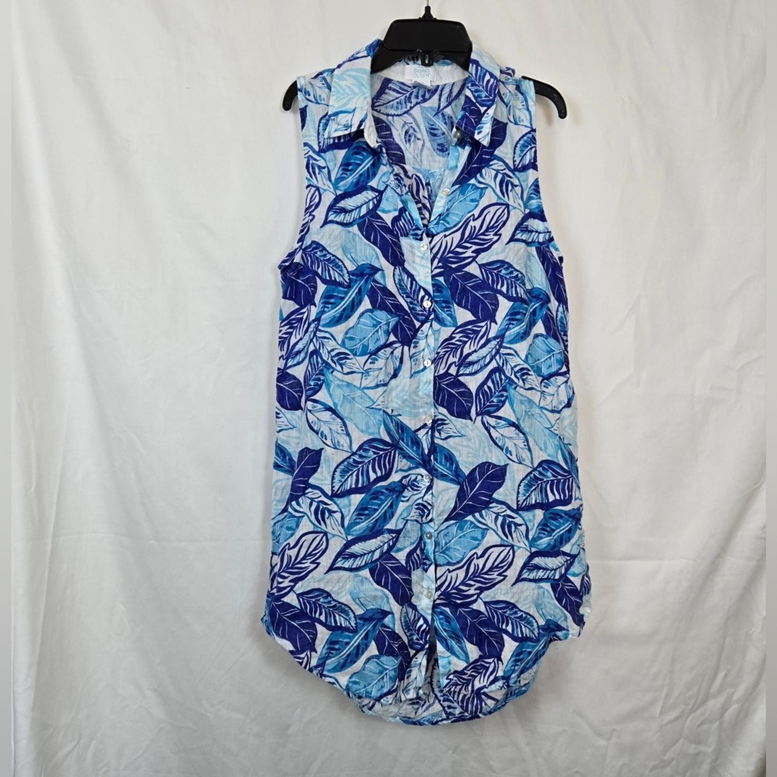 Sigrid Olsen Women's Blue Tropical Leaf Print Sleeveless Boho Summer Tunic Top S