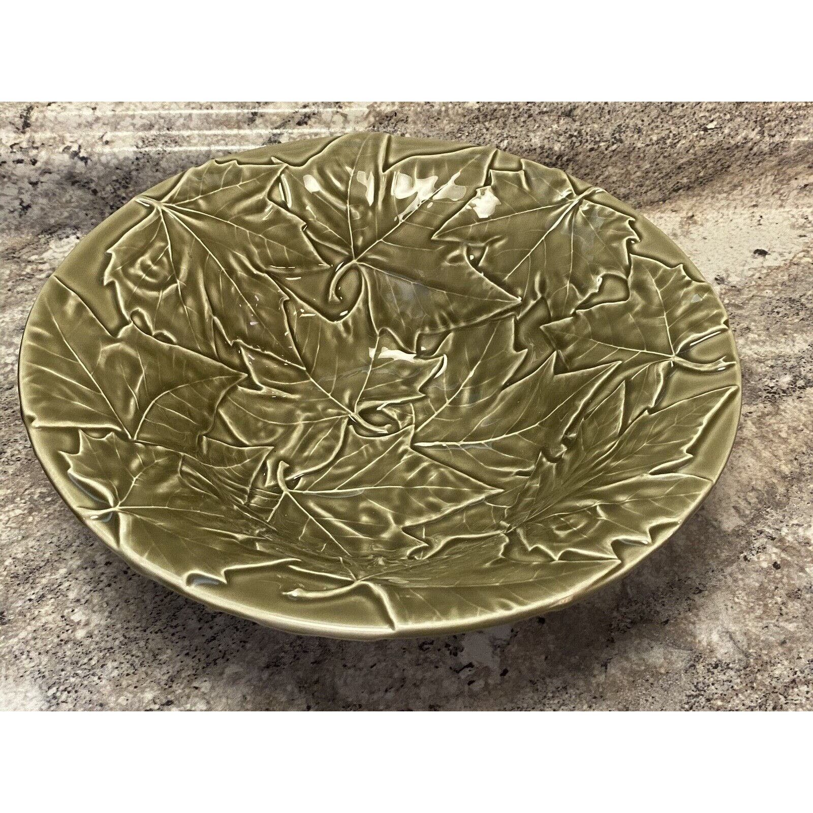 LARGE PORTUGAL BORDALLO PINHEIRO GREEN/KHAKI MAPLE LEAF - SERVING BOWL 12 1/4
