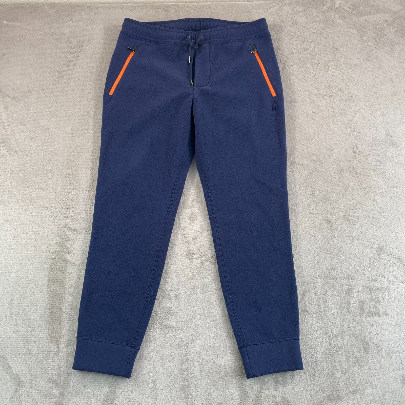 Polo Ralph Lauren Fleece Jogger Pants Men Medium Navy Tapered Leg Contrast Zip
