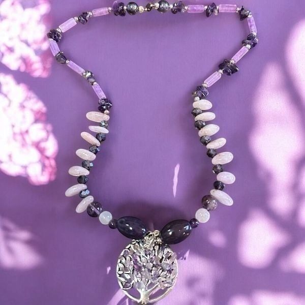 One of a Kind Rare Handcrafted Genuine Amethyst & Rose Quartz Pendant Necklace
