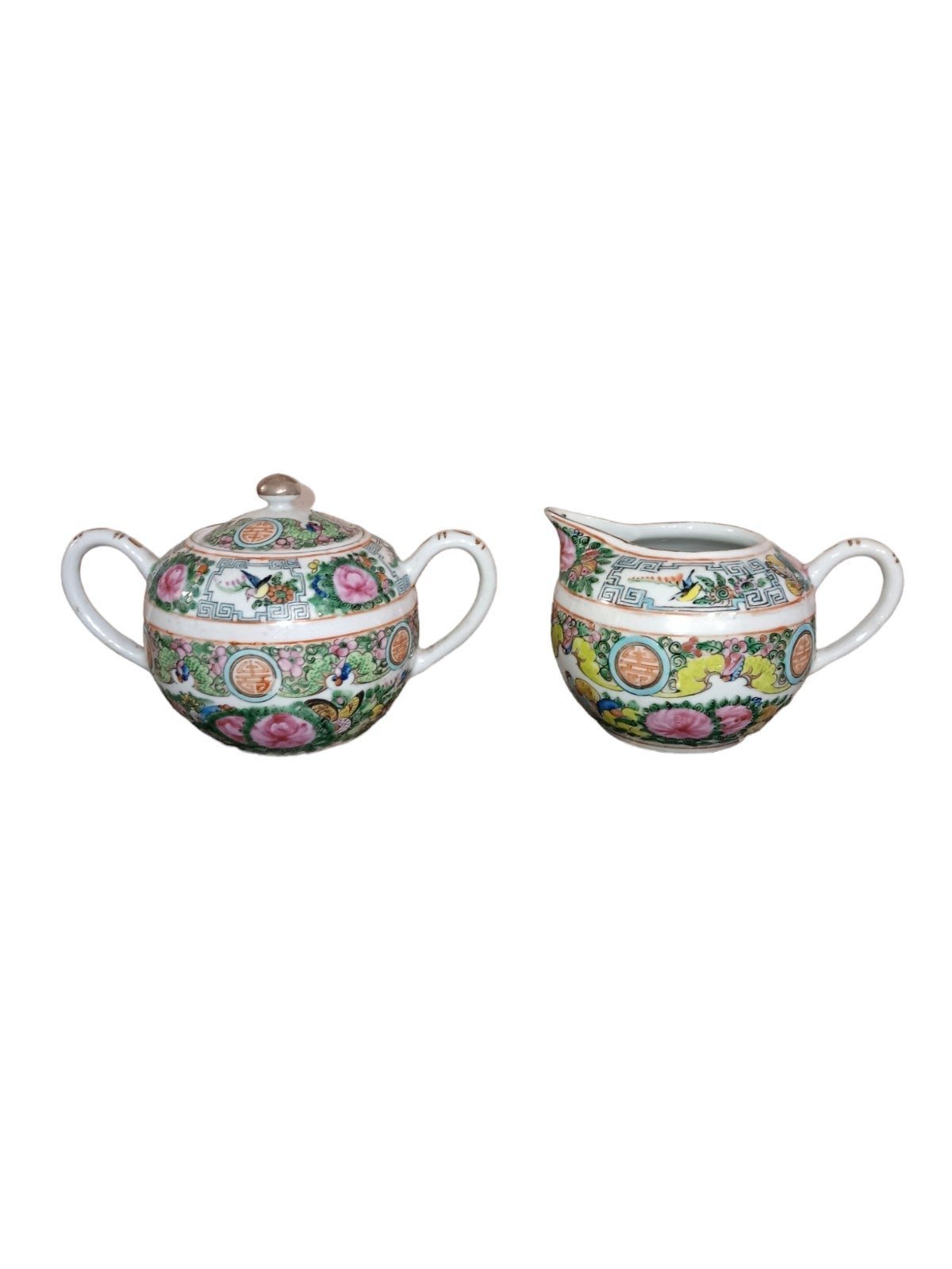 Vintage Rose Medallion Sugar Bowl With Lid & Creamer
