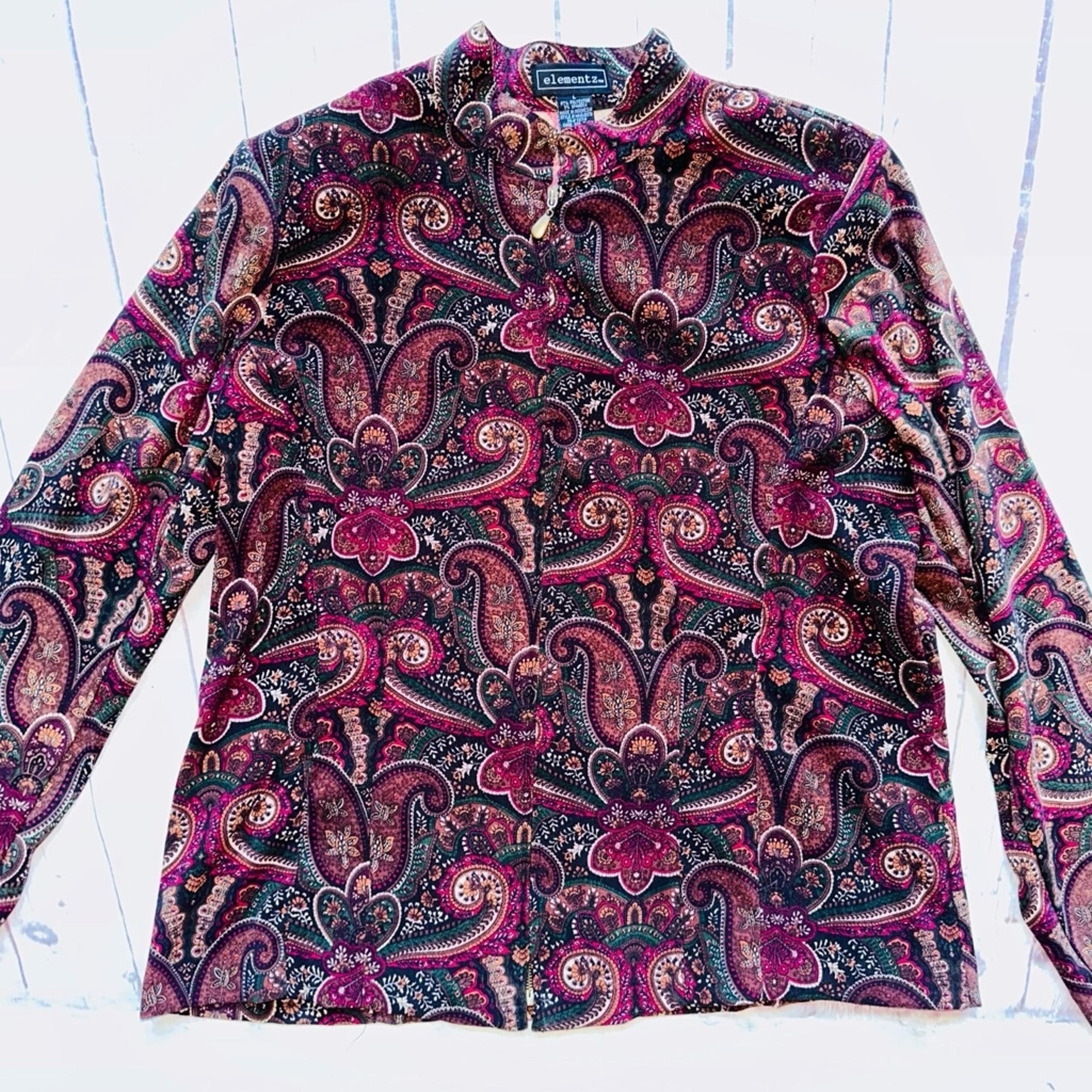 EUC Women’s Large Elementz Full Zippered LS Paisley Blouse
