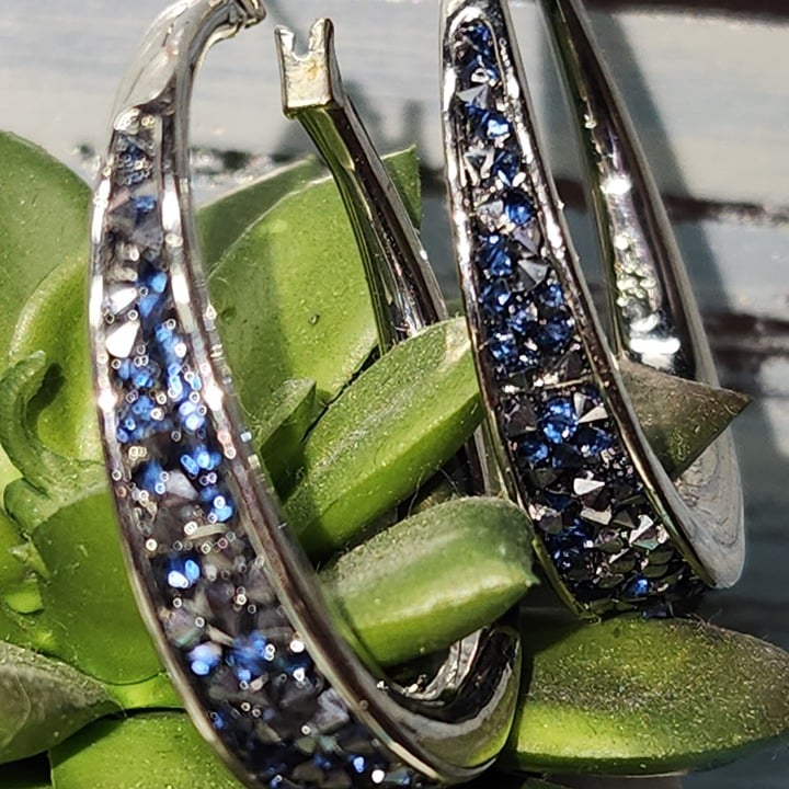 #2308, SIGNED KC HOOPS EARRINGS, WHITE GOLD PLATED AND MARQUESITA.