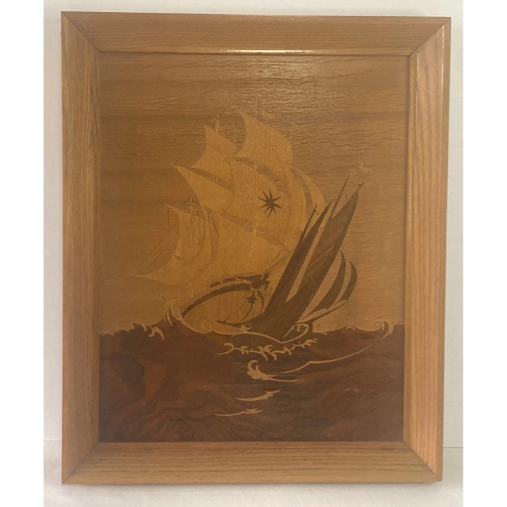 Wood Inlay Marquetry Framed Art Schooner Sea Nautical Maritime VTG