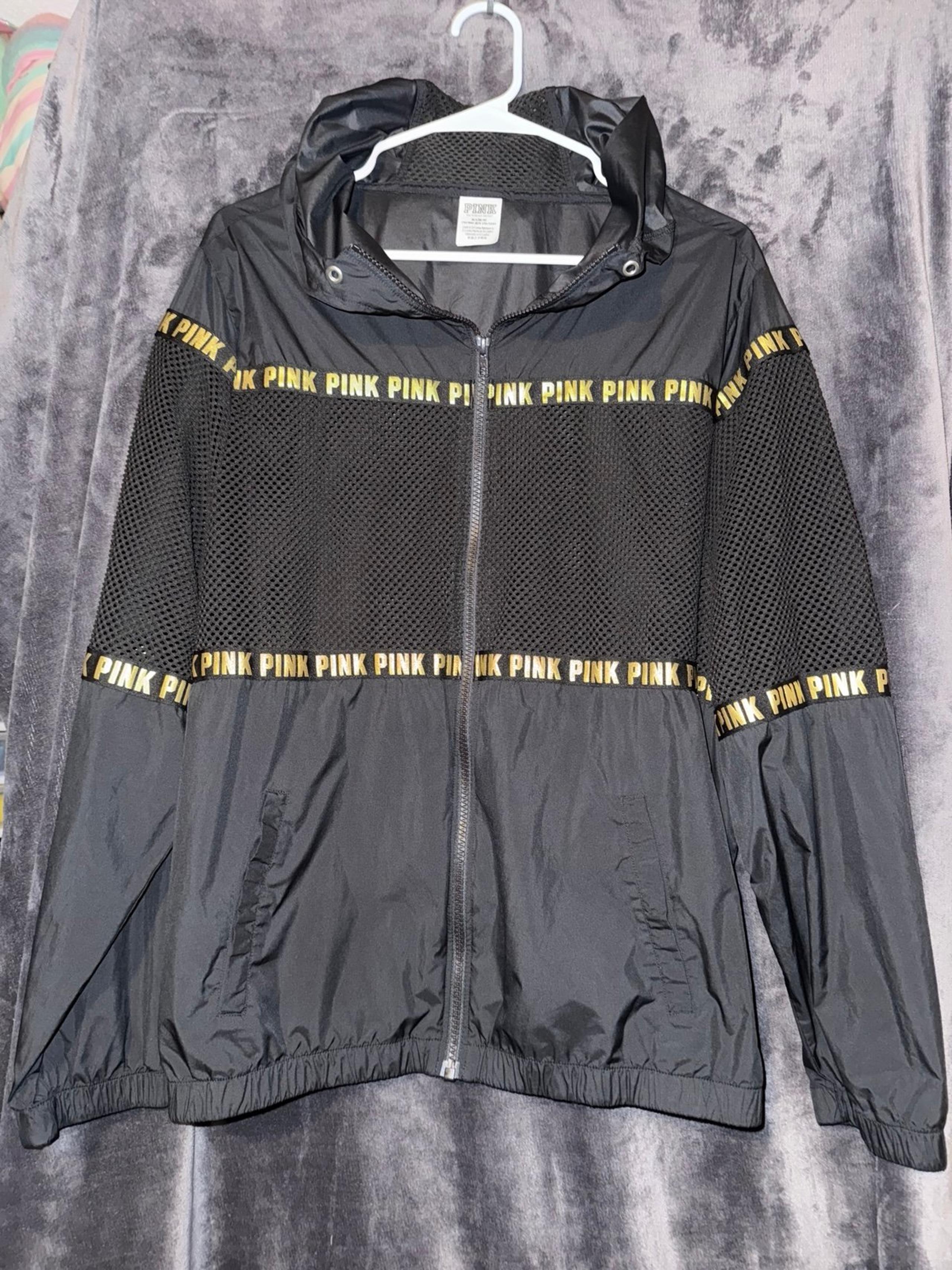 PINK Victoria's Secret Black Gold Logo Zip Mesh Hooded Windbreaker Jacket Sz M