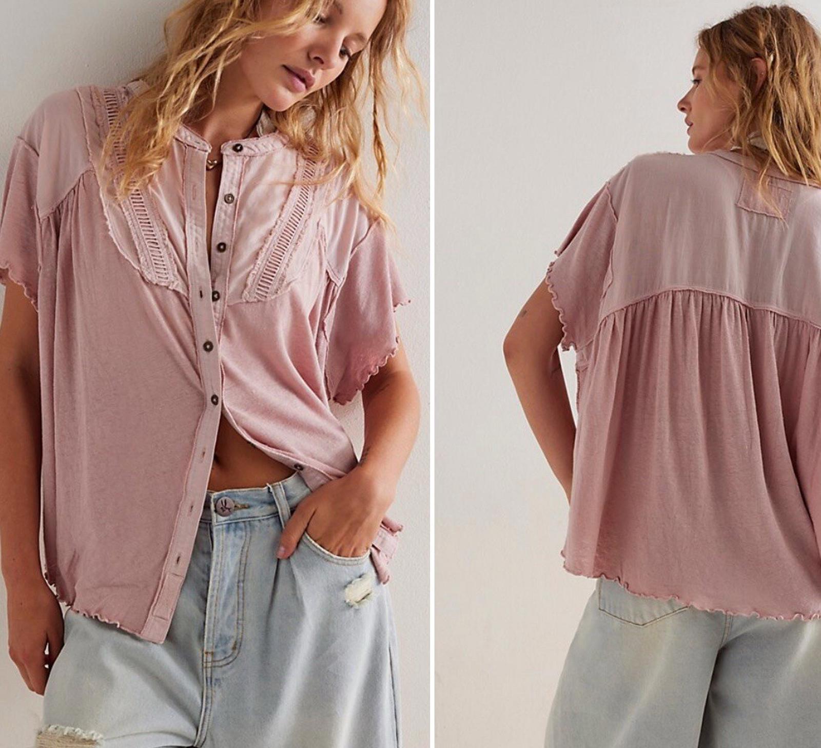 New Free People Sofia Henley Top Pink Cotton Linen Blend Boho Blouse Sz Small