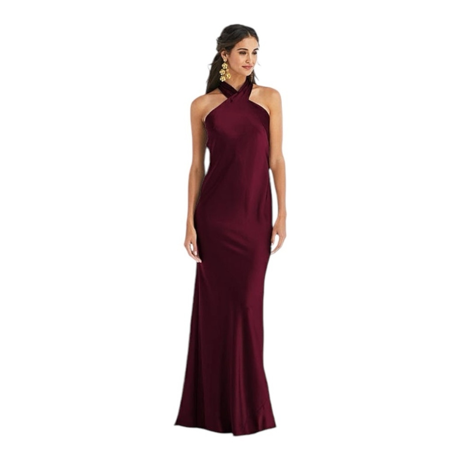 Dessy LB025 Lovely Draped Twist Halter Formal Gown in Cabernet Wine Size 1X